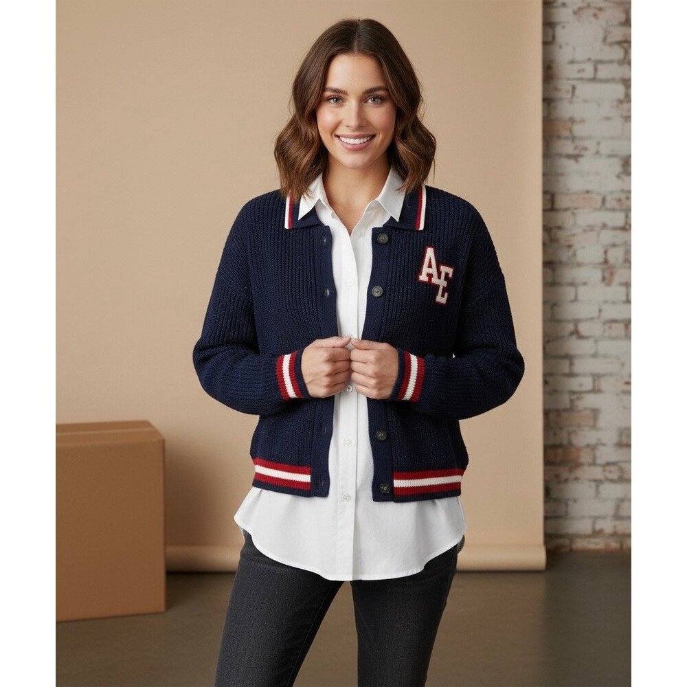 NWT American Eagle Cropped Letterman Cardigan Jacket • Y2K Preppy Collegiate S/M